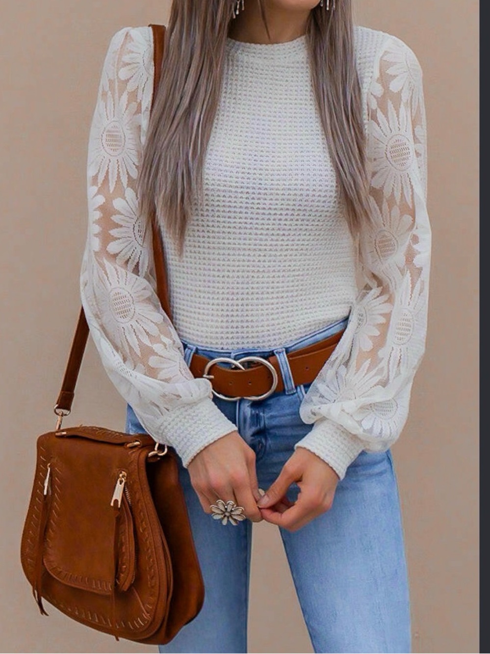 Boutique Sunflower Lace Sleeve Waffle Knit Bubble Sleeve Top M